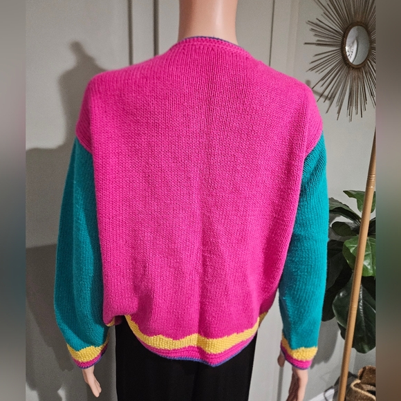 Vintage Hand Knit Beach Scene Cardigan – Statement Graphic Sweater. S/M - Picture 10 of 16